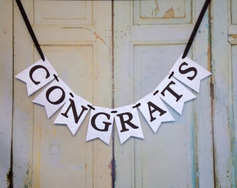 Congrats Banner, Embossed with Graduation Cap Pattern Black and White Banner Graduation Sign Congratulations Graduation Banner