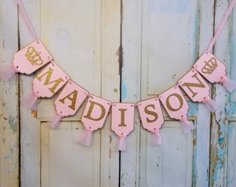 Girls Name Banner with Crowns, Embossed Pink and Gold Banner with Tulle, Princess Birthday Decoration Royal Baby Shower, Girl Nursery Banner