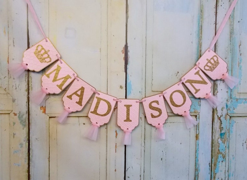 Girls Name Banner with Crowns, Embossed Pink and Gold Banner with Tulle, Princess Birthday Decoration Royal Baby Shower, Girl Nursery Banner image 1