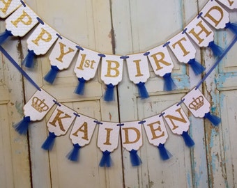 Happy 1st Birthday Banner, Boys Name Banner with Crowns Optional, White Blue and Gold Birthday Sign, Prince Birthday Decor, Royal Birthday