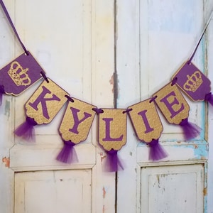 Girls Name Banner with Crowns, Embossed Purple and Gold Banner with Tulle Princess Birthday Decoration Royal Baby Shower Girl Nursery Banner