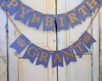 Blue & Gold 1st Birthday Banner: Prince Royal Party Decor