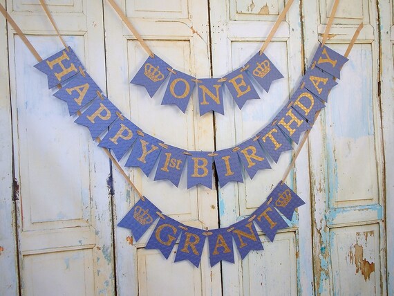happy 1st birthday name and one banner with crowns blue and gold birthday decorations prince birthday royal birthday boys first birthday birthday name banner