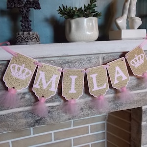 Girl&#39;s Name Banner with Crowns, Pink and Gold Banner, Princess Birthday Decoration, Girl Baby Shower Decoration, Baby Name Sign