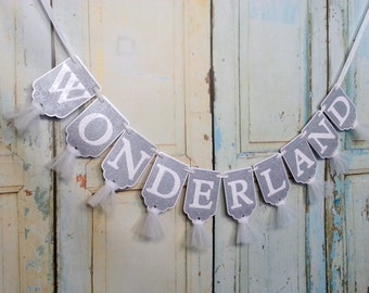 Wonderland Banner, Embossed Silver and White Banner with Tulle, Winter Wonderland Decoration, Merry Christmas Decoration, Holiday Banner,