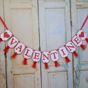 Valentine Banner with Hearts, Heart Embossed Red and White Banner with Tulle, Valentine's Decoration, Valentine's Banner, Holiday Banner image 1