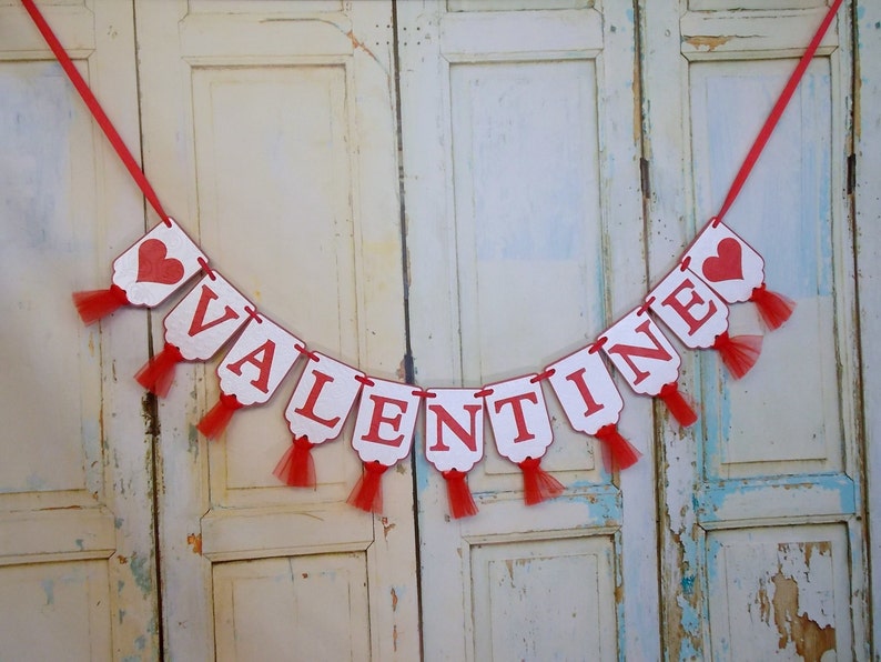 Valentine Banner with Hearts, Heart Embossed Red and White Banner with Tulle, Valentine's Decoration, Valentine's Banner, Holiday Banner image 1