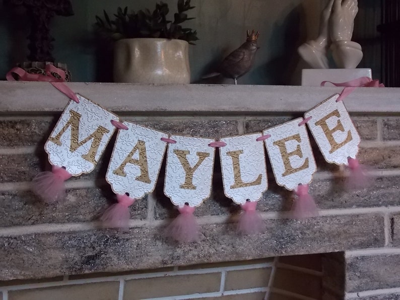 Girls Name Banner, Cream, Pink and Gold Banner with Tulle, Girl's Birthday Banner, Girl Baby Shower Decoration, Girl Nursery Sign, image 5