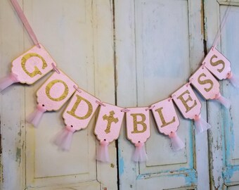 God Bless Banner with Cross, Embossed Pink and Gold Banner with Tulle, Girls Baptism Banner, Girls Dedication Banner, Pink and Gold Banner