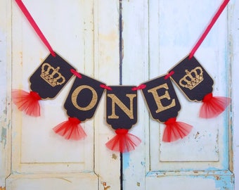 One Banner with Crowns, Red, Black and Gold Cake Smash Decoration, Boys 1st Birthday Decoration, Boys Royal Birthday, Boys Highchair Banner
