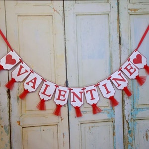 Valentine Banner with Hearts, Heart Embossed Red and White Banner with Tulle, Valentine's Decoration, Valentine's Banner, Holiday Banner image 2