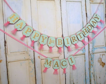 Happy 1st Birthday Banner, Embossed Mint, Bright Pink and Gold Banner with Tulle, Girls First Birthday Banner, Girls Birthday Decorations