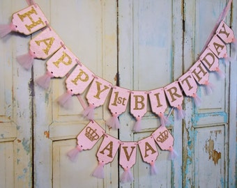 Happy 1st Birthday Banner, Girls Name Banner with Crowns Optional, Pink Gold Birthday Decorations, Royal First Birthday, Princess Birthday