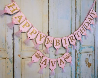 Pink and Gold 1st Birthday Banner: Princess Party Decorations