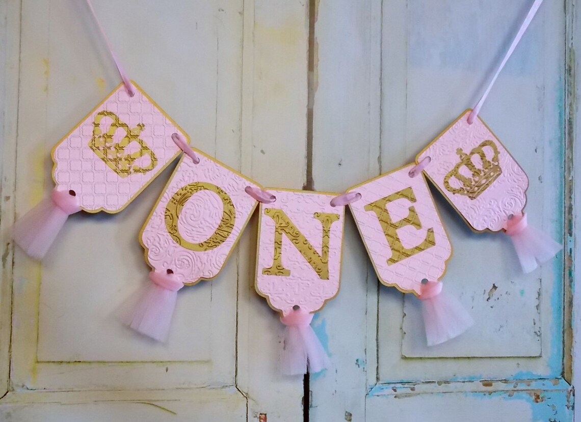 One Banner With Crowns Pink and Gold Banner With Tulle Girls - Etsy