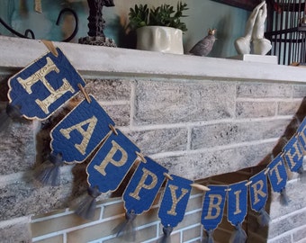 Custom Happy Birthday Banner, Navy and Gold Embossed Banner with Tulle, Name and Year Optional, Happy Birthday Decoration, Birthday Sign