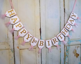 Happy 1st Birthday Banner, Embossed White Pink and Gold Banner with Tulle, Girls Birthday Banner, Pink and Gold Birthday Decoration