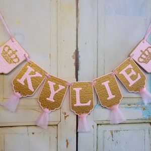 Girl's Name Banner with Crowns, Embossed Pink and Gold Banner, Princess Birthday Banner, Royal Baby Shower Banner, Baby Girl Shower Decor
