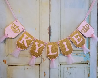 Girl's Name Banner with Crowns, Embossed Pink and Gold Banner, Princess Birthday Banner, Royal Baby Shower Banner, Baby Girl Shower Decor