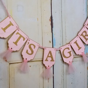 It's A Girl Banner, Pink and Gold Baby Shower Decoration, Baby Girl Shower Decoration, Baby Girl Banner, Gender Reveal Party Decoration image 2