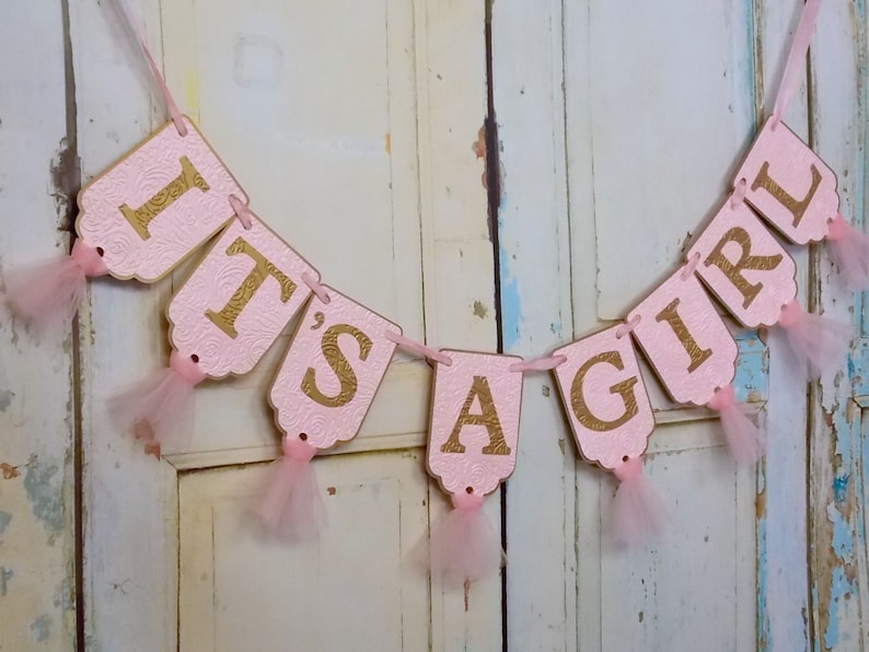 It's A Girl Banner, Pink and Gold Baby Shower Decoration, Baby Girl Shower Decoration, Baby Girl Banner, Gender Reveal Party Decoration image 2