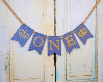 One Banner with Crowns, Blue and Gold Birthday Decoration, Boys 1st Birthday, Prince Birthday, Royal Birthday, Boys Cake Smash Prince Banner