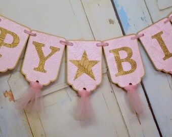 Happy Birthday Banner, Name Banner with Stars Optional, Pink and Gold Banner with Tulle, Girls 1st Birthday Decoration, Twinkle Little Star