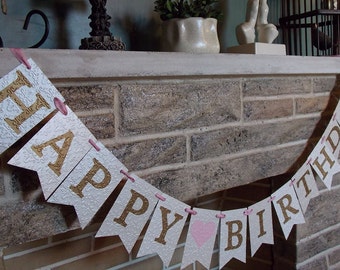 Happy Birthday Banner with Heart, Embossed Cream Pink and Gold Banner, Girls Birthday Bannner