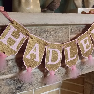 Custom Girl's Name Banner, Embossed Pink and Gold Banner with Tulle, Girl's Birthday Banner, Baby Shower Banner, Birthday Decoration image 3