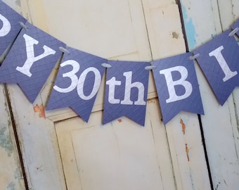 Happy Birthday Banner, Blue and Silver Birthday Decoration, 30th, 40th, 50th, Adult Birthday Sign, Year & Name Banner Optional