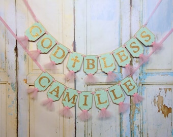God Bless Baptism Banner: Mint, Pink & Gold with Tulle
