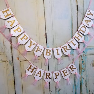 Embossed 1st Birthday Banner: Pink, White & Gold with Tulle