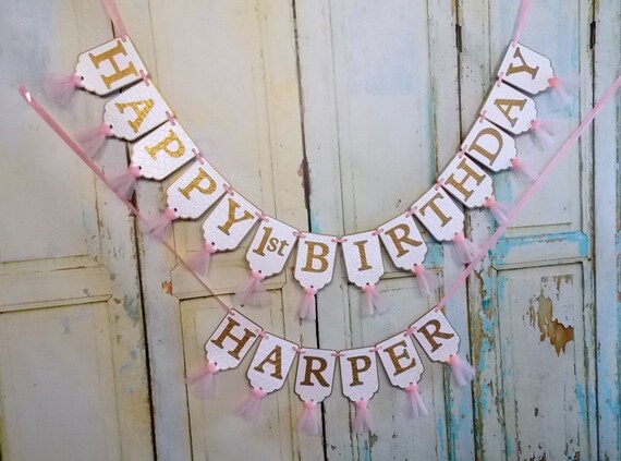 Happy 1st Birthday Banner Embossed White Pink And Gold Banner Etsy