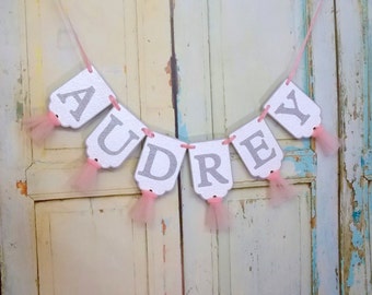 Custom Embossed Girl's Name Banner: Pink Tulle Baby Shower Decor