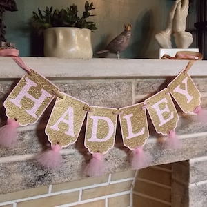 Custom Girl's Name Banner, Embossed Pink and Gold Banner with Tulle, Girl's Birthday Banner, Baby Shower Banner, Birthday Decoration image 1