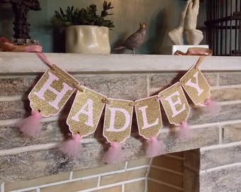 Custom Girl's Name Banner, Embossed Pink and Gold Banner with Tulle, Girl's Birthday Banner, Baby Shower Banner, Birthday Decoration