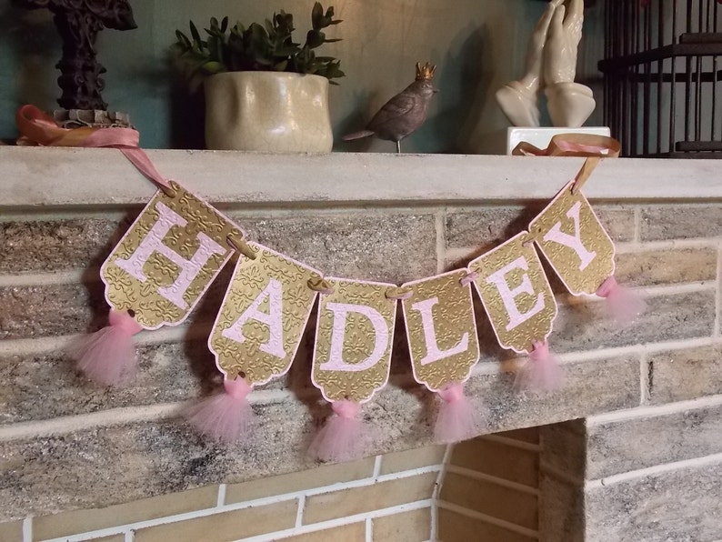 Custom Girl's Name Banner, Embossed Pink and Gold Banner with Tulle, Girl's Birthday Banner, Baby Shower Banner, Birthday Decoration image 1