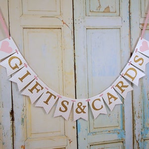 Gifts & Cards Banner with Hearts, Cream Pink and Gold Banner, Wedding Shower Banner, Baby Shower Sign Bridal Shower Decoration Wedding Decor
