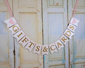Gifts & Cards Banner with Hearts, Cream Pink and Gold Banner, Wedding Shower Banner, Baby Shower Sign Bridal Shower Decoration Wedding Decor