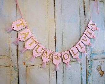 Girl's Name Banner with Crowns, Chevron Embossed Pink and Gold Banner, Princess Birthday Banner, Baby Shower Banner, Nursery Banner