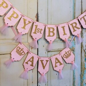 Happy 1st Birthday Banner, Girls Name Banner with Crowns Optional, Embossed Pink and Gold Banner with Tulle Girls First Birthday Decorations