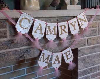 Girls Name Banner, Cream, Pink and Gold Banner with Tulle, Girls Birthday Banner, Girl Baby Shower Banner, Pink Gold Birthday Decorations