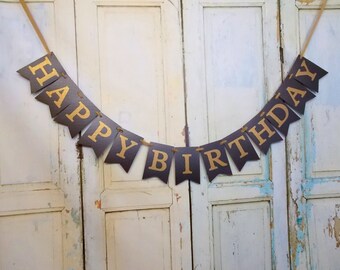 Black and Gold Happy Birthday Banner: Personalized Party Decoration