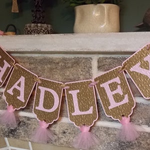 Custom Girl's Name Banner, Embossed Pink and Gold Banner with Tulle, Girl's Birthday Banner, Baby Shower Banner, Birthday Decoration image 5