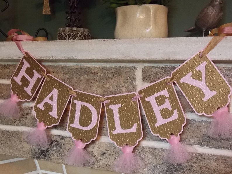 Custom Girl's Name Banner, Embossed Pink and Gold Banner with Tulle, Girl's Birthday Banner, Baby Shower Banner, Birthday Decoration image 5