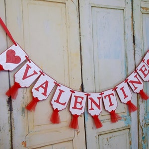 Valentine Banner with Hearts, Heart Embossed Red and White Banner with Tulle, Valentine's Decoration, Valentine's Banner, Holiday Banner image 5