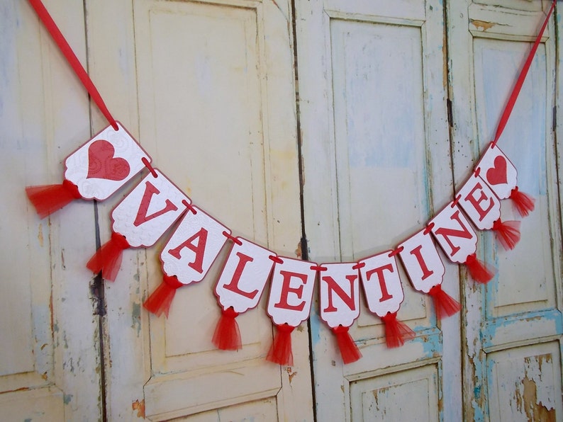 Valentine Banner with Hearts, Heart Embossed Red and White Banner with Tulle, Valentine's Decoration, Valentine's Banner, Holiday Banner image 5