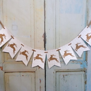Reindeer Banner, Embossed Cream and Gold Banner, Christmas Decoration, Merry Christmas Banner, Holiday Banner Photo Prop Reindeer Decoration