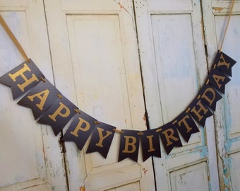 Happy Birthday Banner, Name Optional, Black Gold Birthday Decoration, Surprise Birthday Sign, Happy Birthday Sign, Black Gold Birthday Theme