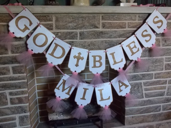 God Bless Banner in Pink and White Embossed Banner with Tulle Christening Decor Girls Baptism Decoration Baptism Banner